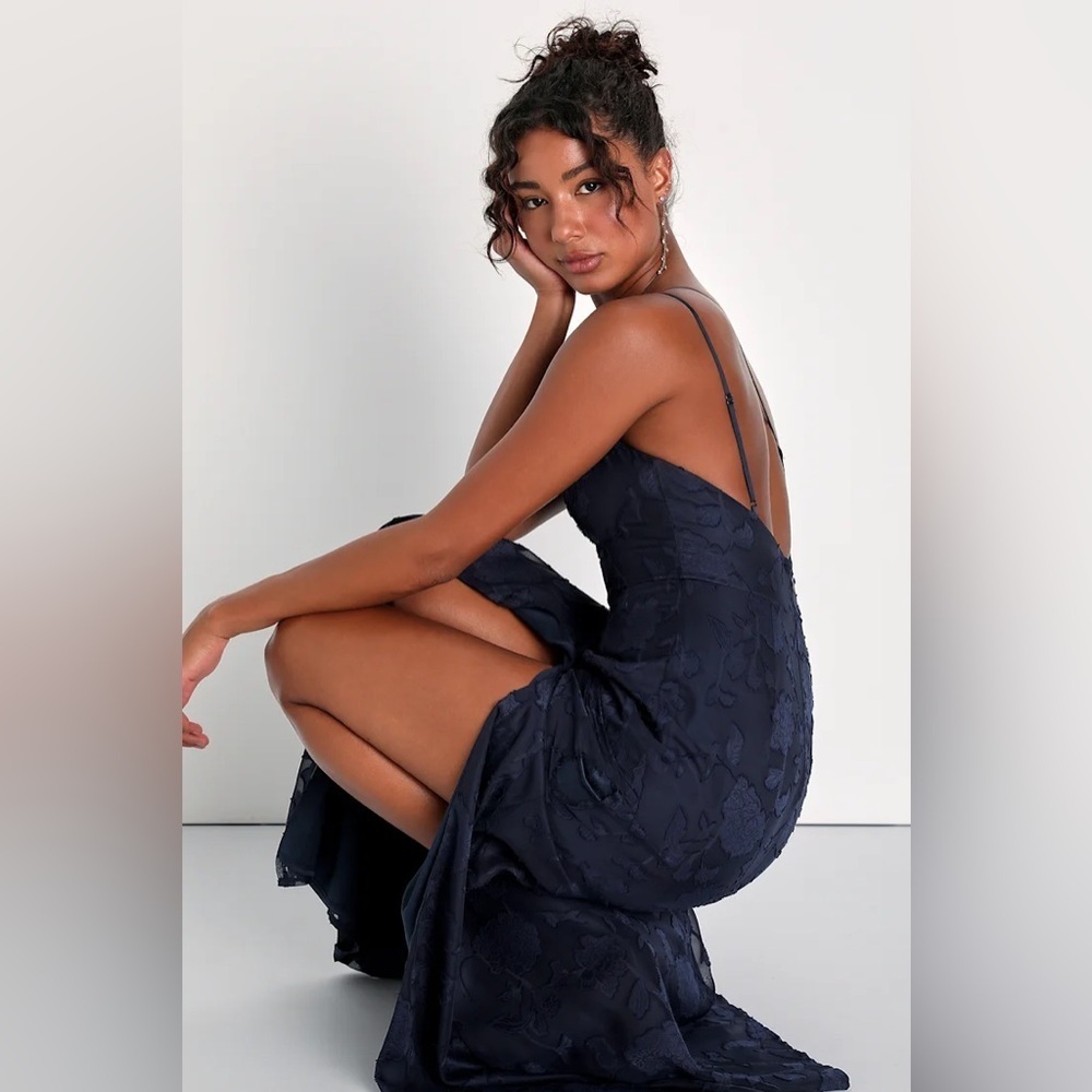 Lulus Dreamy Perfection Navy Blue Burnout Floral One-Shoulder Dress - Picture 2 of 8